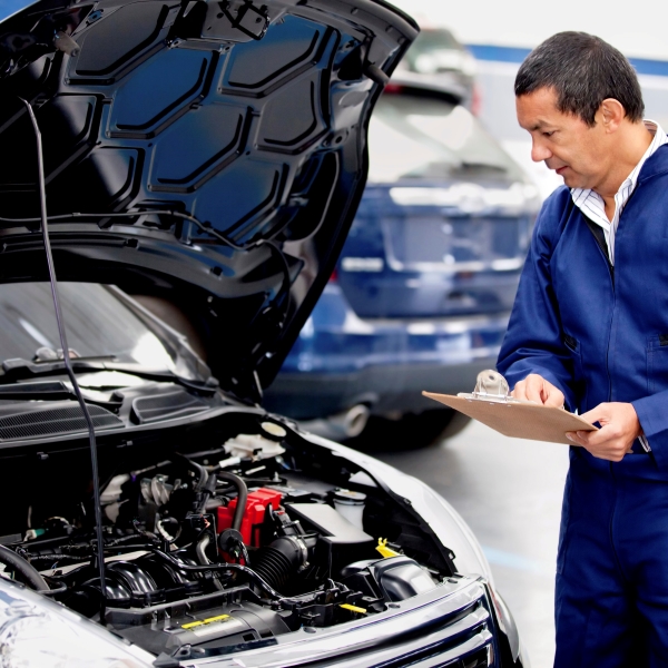 mechanic checking under hood of car