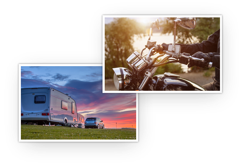 One image of a motorcycle and another image of an RV